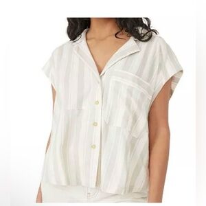 Free People Play It Cool Striped Linen  Button Down Sleeveless Shirt Cream L